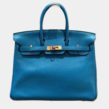 Pre Owned Hermes Birkin 25 Blue Leather Handbag