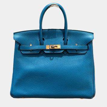 Pre Owned Hermes Birkin 25 Blue Leather Handbag