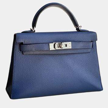 Pre Owned Hermes Kelly II Mini Agate Blue Leather Handbag