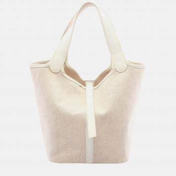 مملوكة مسبقًا Hermes Picotin White Ecru Clemence Leather Toile H Canvas Handbag PM