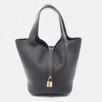 Pre Owned Hermes Picotin Lock Black Clemence Leather Tote MM 060991Cc