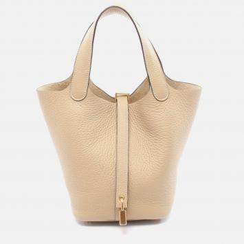 Pre Owned Hermes Picotin Lock Beige Trench Clemence Leather Handbag PM