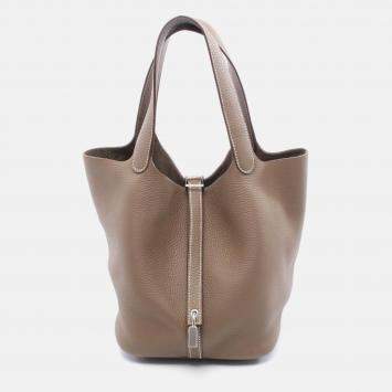 Pre Owned Hermes Picotin Lock Etoupe Grey Clemence Leather Tote PM