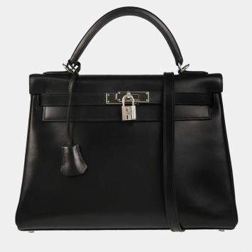 Pre Owned Hermes Kelly 32 Retourne Black Box Calf 2way Handbag