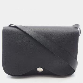 Pre Owned Hermes Sac Colorado Black Toile Chevrons Canvas Leather Shoulder Bag GM
