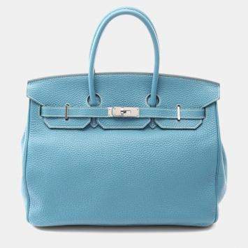 Pre Owned Hermes Birkin 35 Blue Jean Togo Leather Top Handle Bag