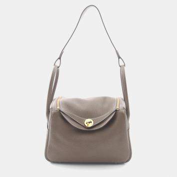 Pre Owned Hermes Lindy 26 Shoulder Bag Clemence Leather Brown Etoupe Grey