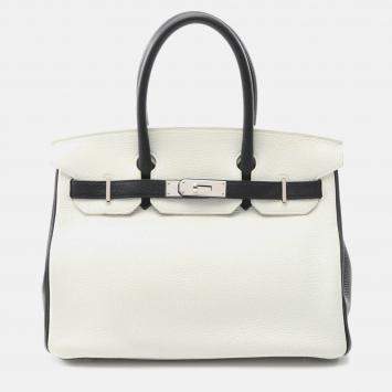Pre Owned Hermes Birkin 30 Handbag Clemence Leather Black White