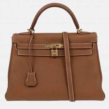 Pre Owned Hermes Kelly 32 Retourne Gold Taurillon Clemence 2way Handbag