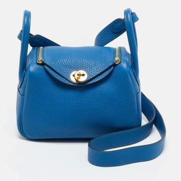 Pre Owned Hermes Bleu Frida Taurillon Clemence Leather Gold Finish Mini Lindy Bag  