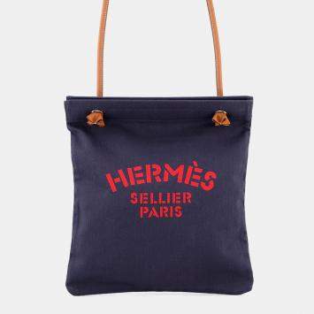 Pre Owned Hermes Sac Aline Blue Indigo/Gold Toile Chevrons Barenia Leather Size Mm