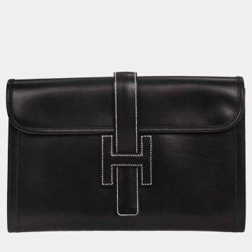 Pre Owned Hermes Black Box Calf Jige PM Clutch Bag