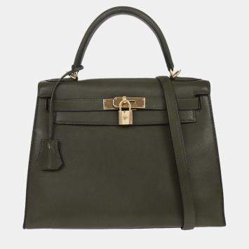 Pre Owned Hermes Green Evergrain Kelly 28 Sellier 2way Handbag