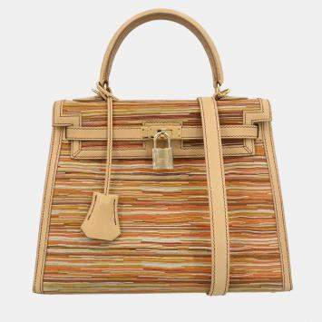 Pre Owned Hermes Beige Vibrato Box Calf Kelly 25 Sellier 2way Handbag