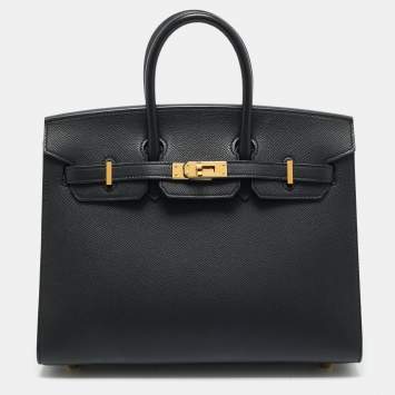 Pre Owned Hermes Noir Epsom Leather Gold Finish Birkin Sellier 25 Bag
