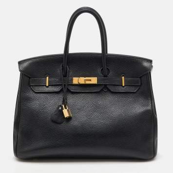 Pre Owned Hermes Black Taurillon Clemence Leather Gold Finish Birkin 35 Bag