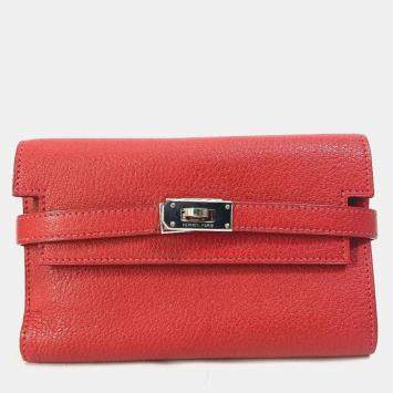 Pre Owned Hermes Kelly Chevre Rouge Coupe Red Medium Compact Trifold Wallet