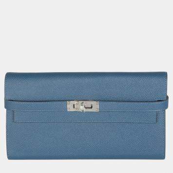 Pre Owned Hermes Kelly Deep Bleu Vert Bosphore Verso Epsom Wallet PHW