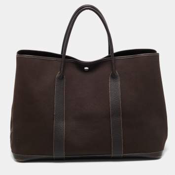 Pre Owned Hermes Chocolat Toile and Negonda Leather Garden Party GM Bag