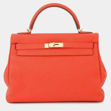 Pre Owned Hermes Kelly 32 Orange Poppy Taurillon Clemence Bag