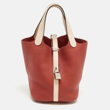 Pre Owned Hermes Rouge Tomate/Rose Elegante Taurillon Clemence Leather Picotin Lock 18 Bag
