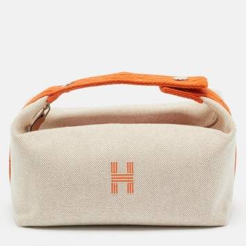 Pre Owned Hermes Orange/Beige Toile H Canvas Small Bride-a-Brac Case