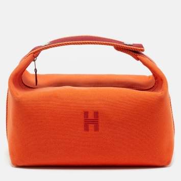 Pre Owned Hermes Orange Feu Canvas Large Bride-a-Brac Pouch