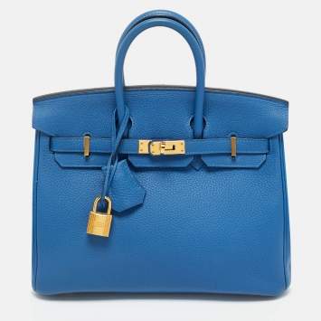Pre Owned Hermes Bleu Zellige Togo Leather Gold Finish Birkin 25 Bag