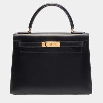 Pre Owned حقيبة هيرمس كيلي 28 جلد العجل الأسود بواجهة علوية