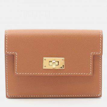 Pre Owned Hermes Kelly Pocket Slim Gold Coin Case Brown  Veau Madame Wallet 
