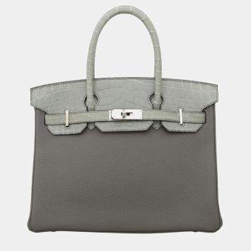 Pre Owned Birkin 30 Touch Gris Meyer Togo and Gris Ciment Matte Niloticus Crocodile in PHW