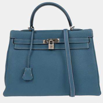 Pre Owned Hermes Blue Jean Togo Kelly 35 Retourne 2way Handbag