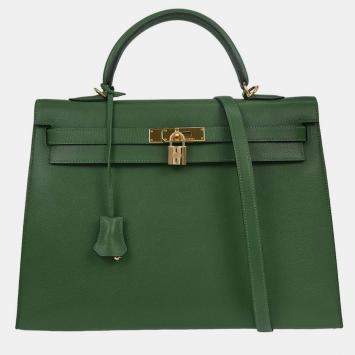Pre Owned Hermes Green Courchevel Kelly 35 Sellier 2way Handbag