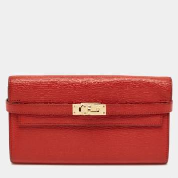 Pre Owned Hermes Rouge Casaque Chevre Mysore Leather Kelly Longue Wallet