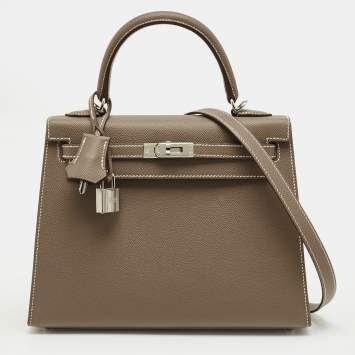Pre Owned Hermes Etoupe Epsom Leather Palladium Finish Kelly Sellier 25 Bag