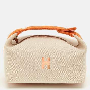Pre Owned Hermes Natural/Orange Canvas Small Bride-a-Brac Pouch