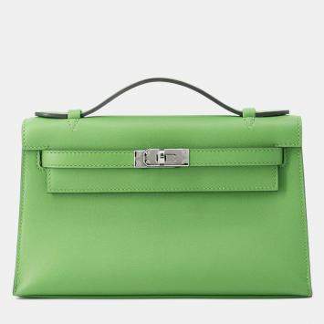 Pre Owned Hermes Pochette Kelly Vert Yucca Swift Leather