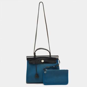 Pre Owned Hermès Bleu Frida/Black Toile Canvas and Vache Hunter Herbag Zip 31 Bag