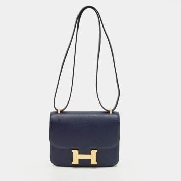 Pre Owned Hermes Constance 18 Mini Gold Finish Bleu Saphire Epsom Leather Crossbody Bag