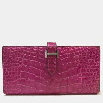 Pre Owned Hermes Bearn Souffle Bifold Long Wallet Rose Shepherd Pink