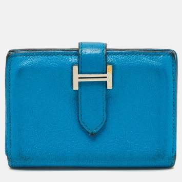 Pre Owned Hermes Bearn Blue Frida Chevre Leather Card Holder