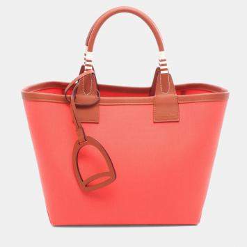 Pre Owned Hermes Steeple 25 Red Brown Toile Military Canvas Swift Leather Tote Bag