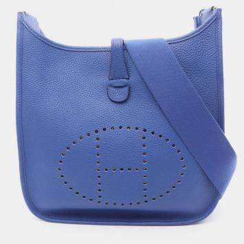 Pre Owned Hermes Evelyn 3 Trois PM Blue  Taurillon Clemence Leather Shoulder Bag 