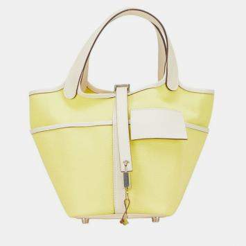 Pre Owned Hermes Picotin Lock Cargo 20 Yellow Ivory Jaune Citron Nata  Swift And Toile Goelan Handbag 