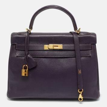 Pre Owned Hermes Kelly Retourne 32 Ultraviolet Togo Leather Gold Finish Bag