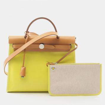 Pre Owned Hermes Herbag Zip 31 Yellow Toile H Canvas Leather Shoulder Bag
