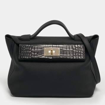 Pre Owned Hermès 24/24 29 Electrum Noir Matte Alligator and Togo Leather Bag