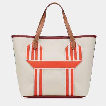 Pre Owned Hermes Beton, Capucine, Gold and Rouge H Toile and Clemence Pursangle Tote