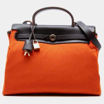 Pre Owned Hermes Brown Orange Toile Herbag Zip 31