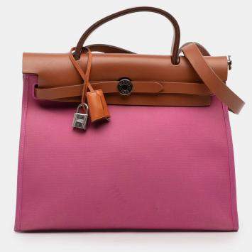 Pre Owned Hermes Herbag Zip 31 Brown/Pink Toile Bag